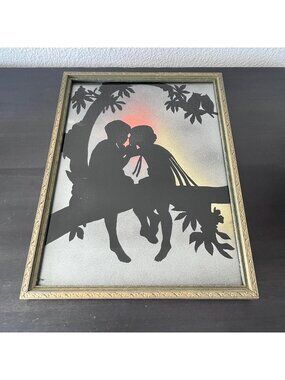 Vintage Framed Silhouette Picture // Children in Tree // Metallic Background